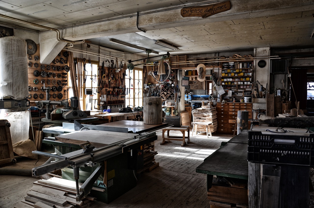 Shipwright workshop benches and timber
